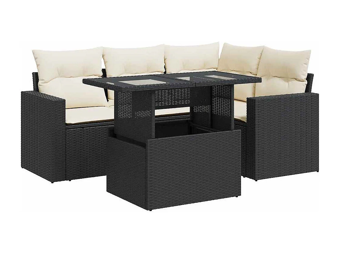 5-delige Loungeset met kussens poly rattan zwart