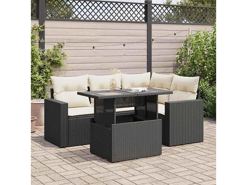 5-delige Loungeset met kussens poly rattan zwart
