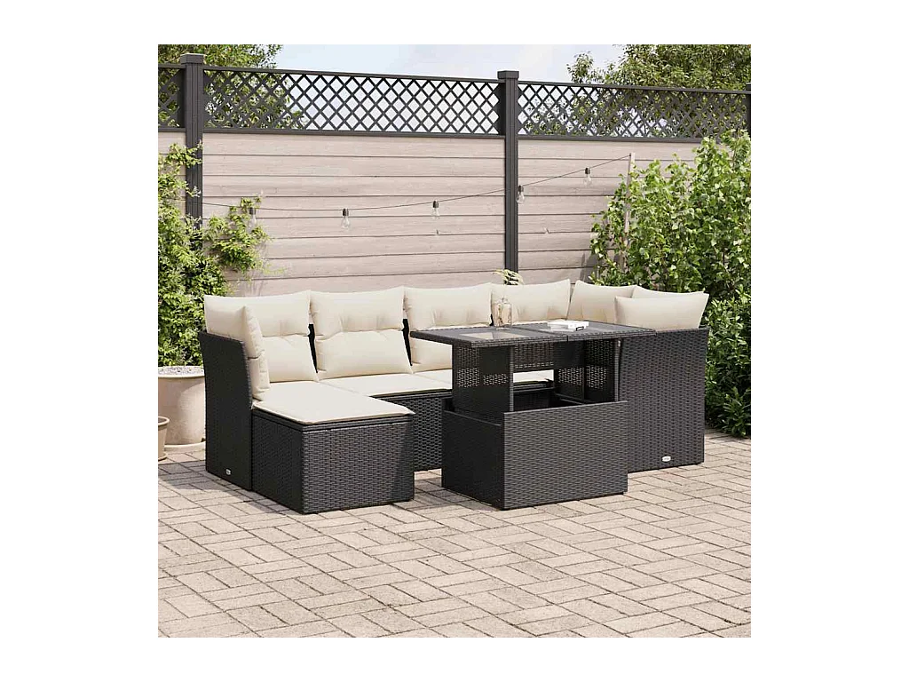 Salon de jardin 7 pcs avec coussins noir résine tressée