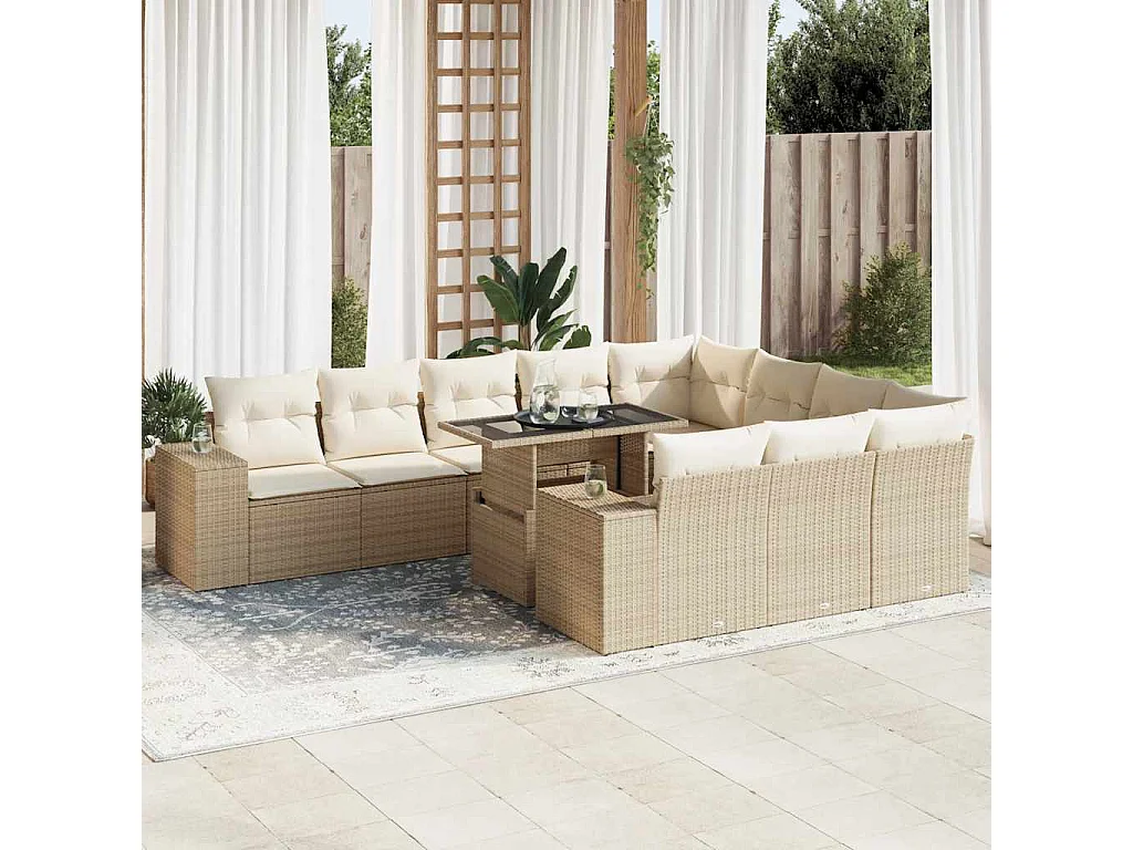 Salon de jardin 11 pcs avec coussins beige résine tressée
