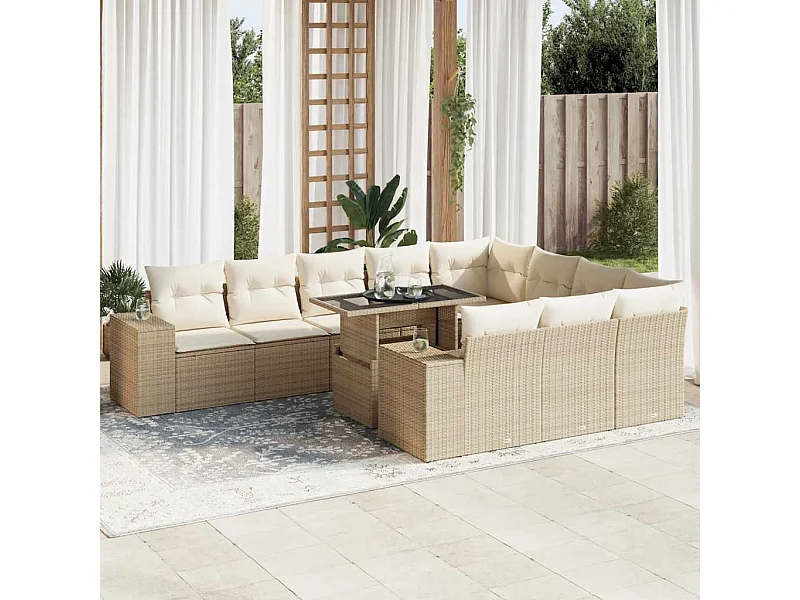 Salon de jardin 11 pcs avec coussins beige résine tressée