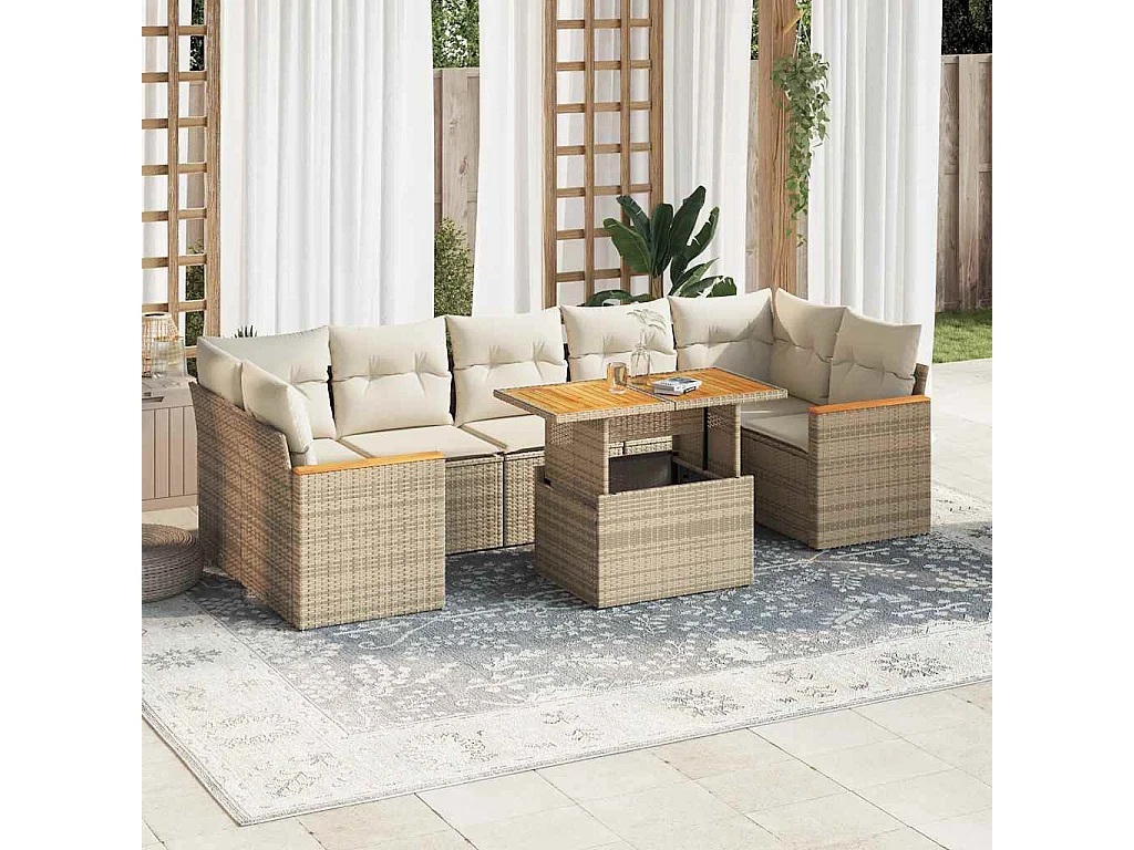 Salon de jardin avec coussins 8 pcs beige résine tressée acacia