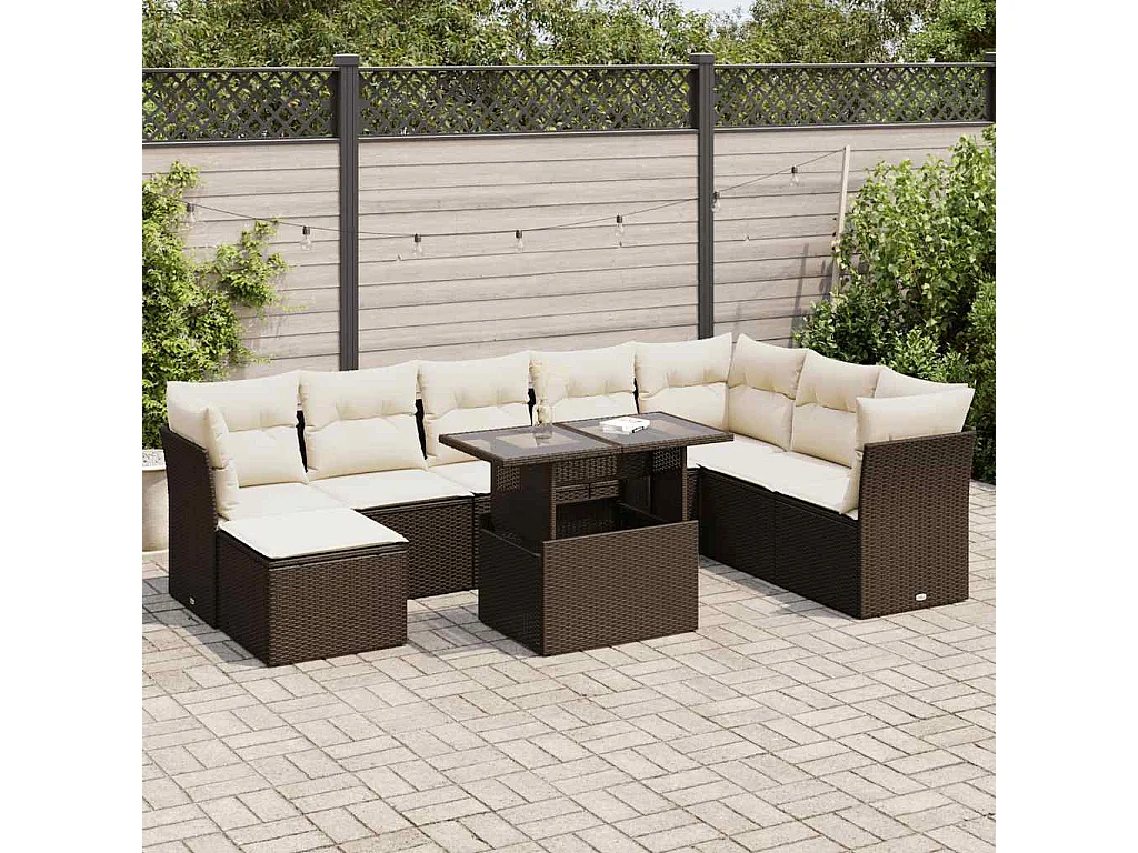 Salon de jardin avec coussins 9 pcs marron résine tressée