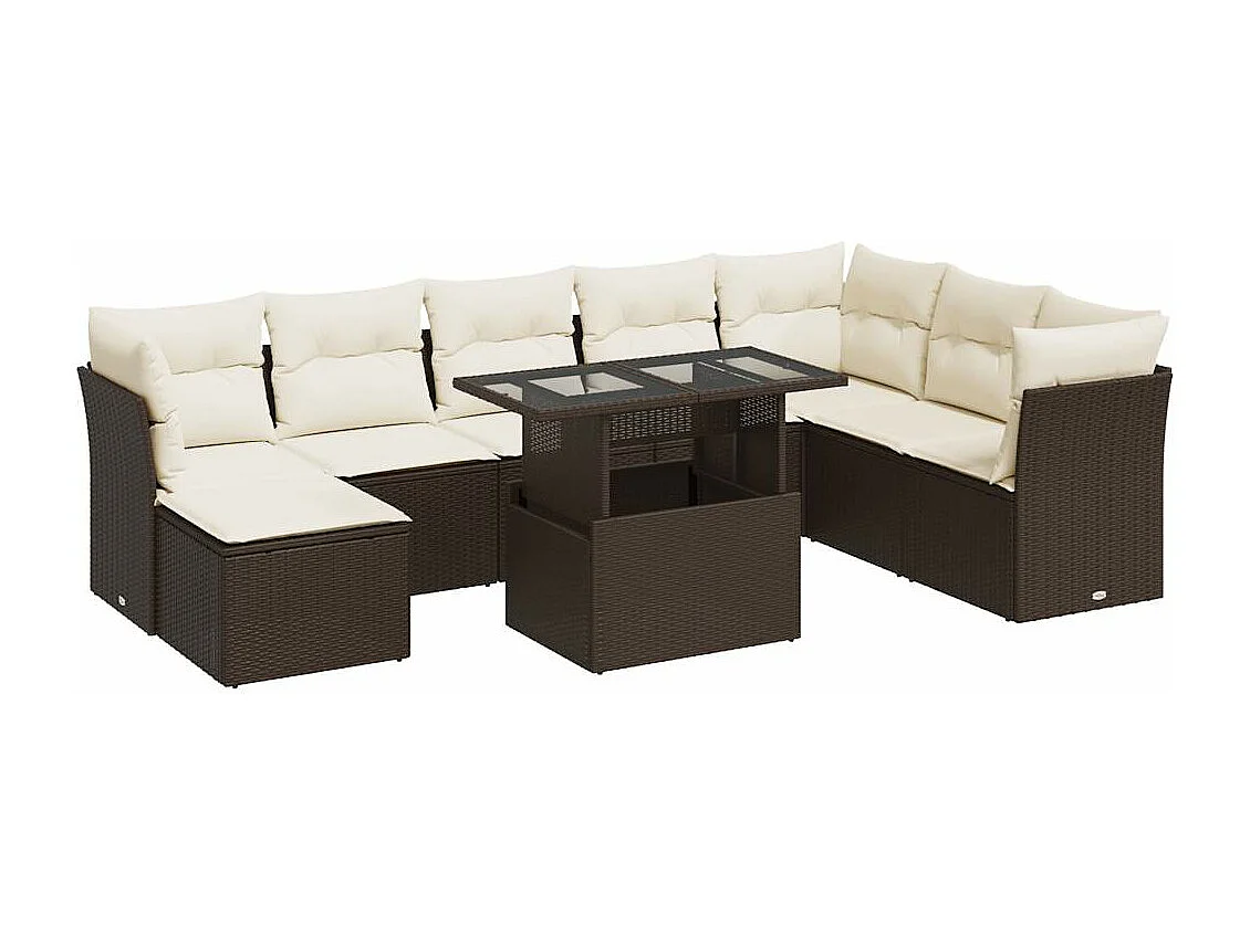 Salon de jardin avec coussins 9 pcs marron résine tressée