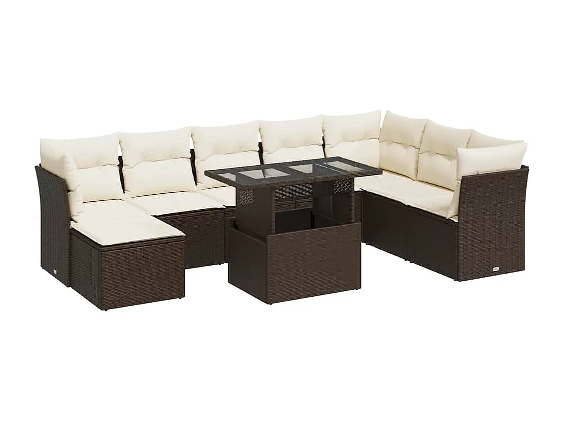 9-delige Loungeset met kussens poly rattan bruin