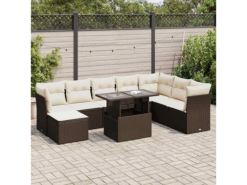 9-delige Loungeset met kussens poly rattan bruin