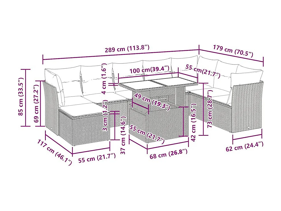 9-delige Loungeset met kussens poly rattan bruin