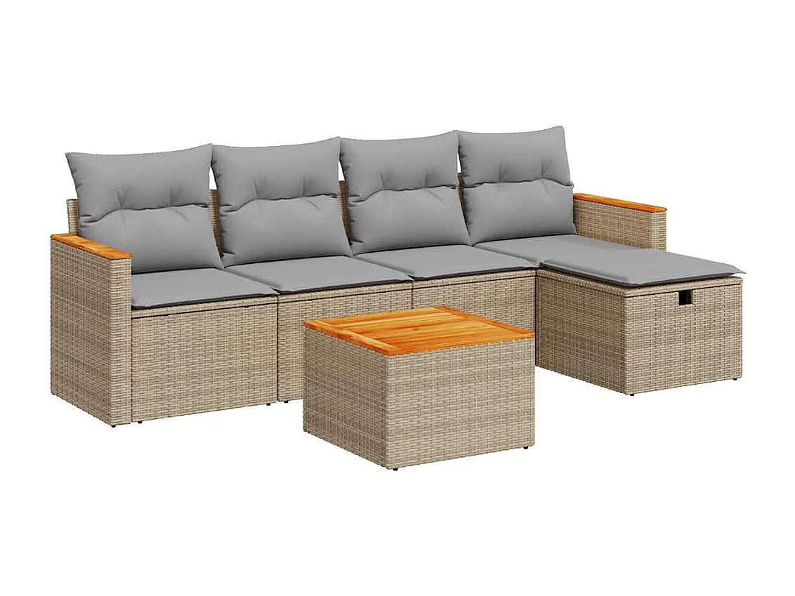 6-delige Loungeset met kussens poly rattan beige