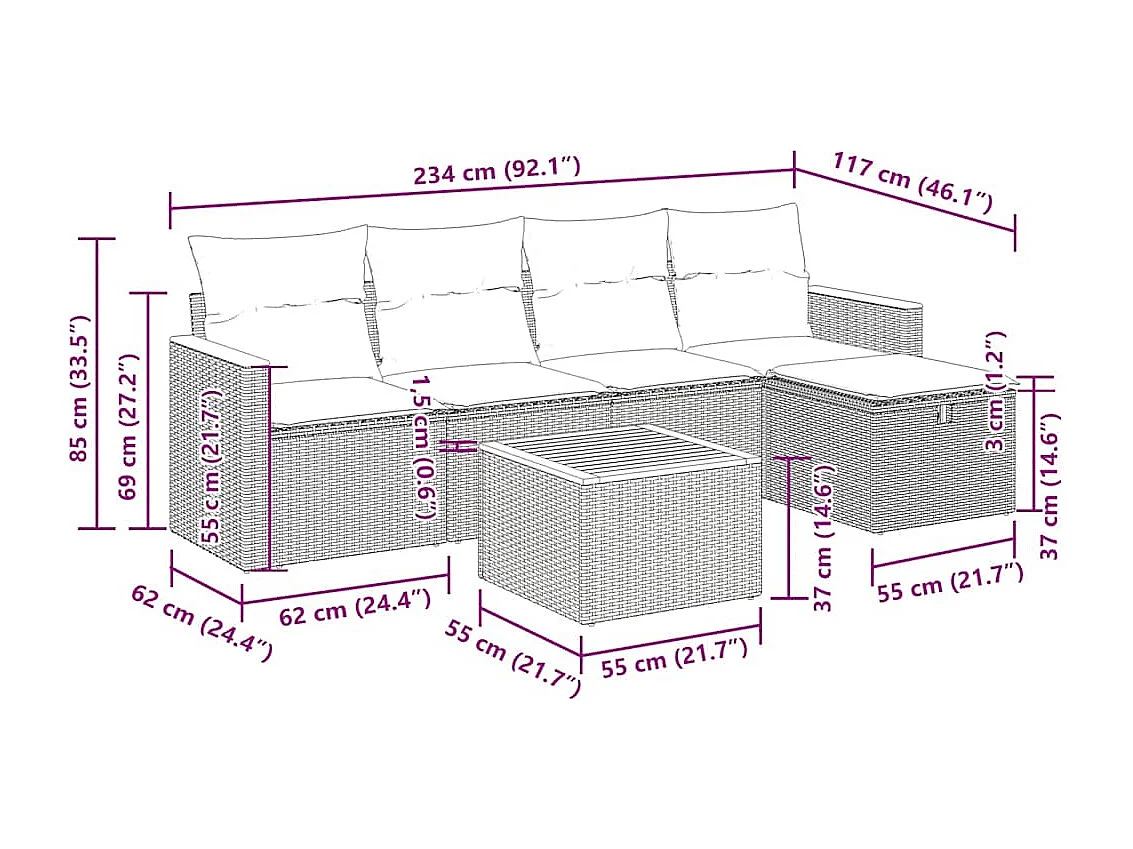 6 pcs conjunto de sofás p/ jardim com almofadões vime PE bege