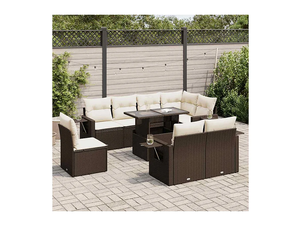 9-tlg. Garten-Sofagarnitur mit Kissen Braun Poly Rattan