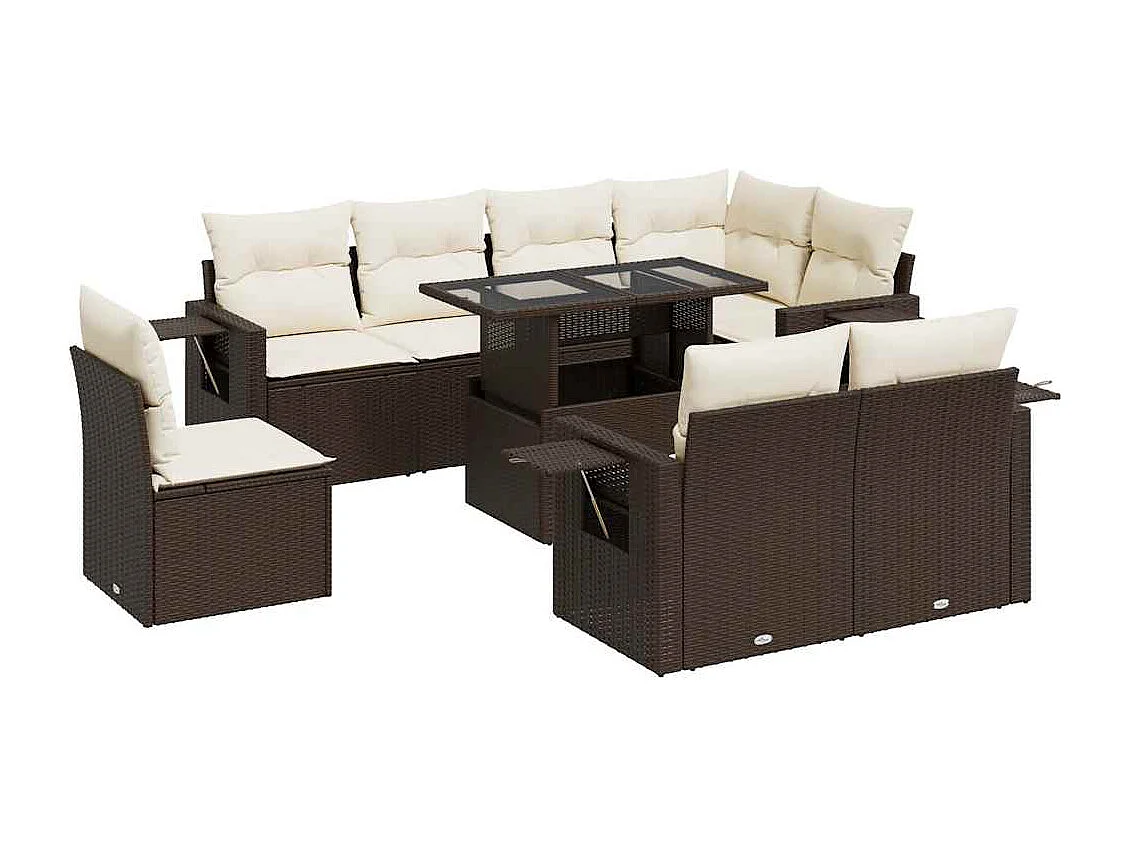 9-tlg. Garten-Sofagarnitur mit Kissen Braun Poly Rattan