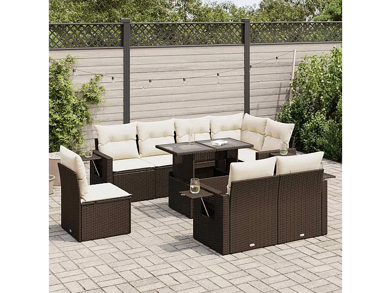 9-tlg. Garten-Sofagarnitur mit Kissen Braun Poly Rattan
