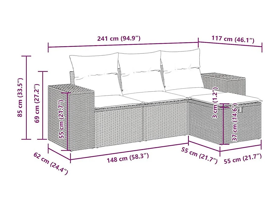 Set Divano da Giardino 4 pz con Cuscini Beige in Polyrattan