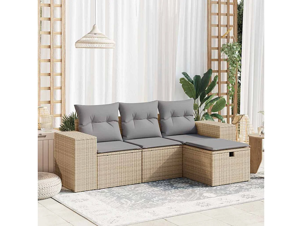 4-tlg. Garten-Sofagarnitur mit Kissen Beige Poly Rattan
