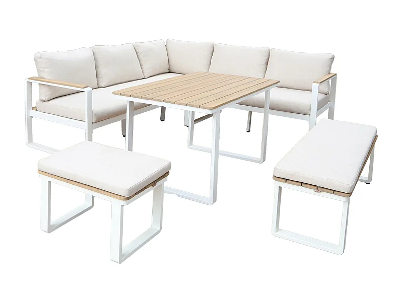 Salon de jardin PAMPAS 8 places en bois d'acacia et aluminium. coussins beiges en polyester. avec table rectangulaire