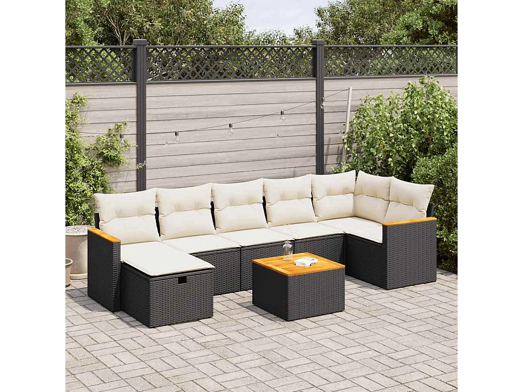 8-delige Loungeset met kussens poly rattan zwart