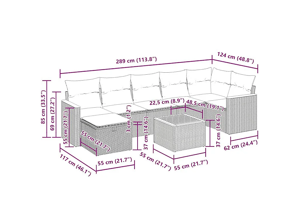 8-delige Loungeset met kussens poly rattan zwart