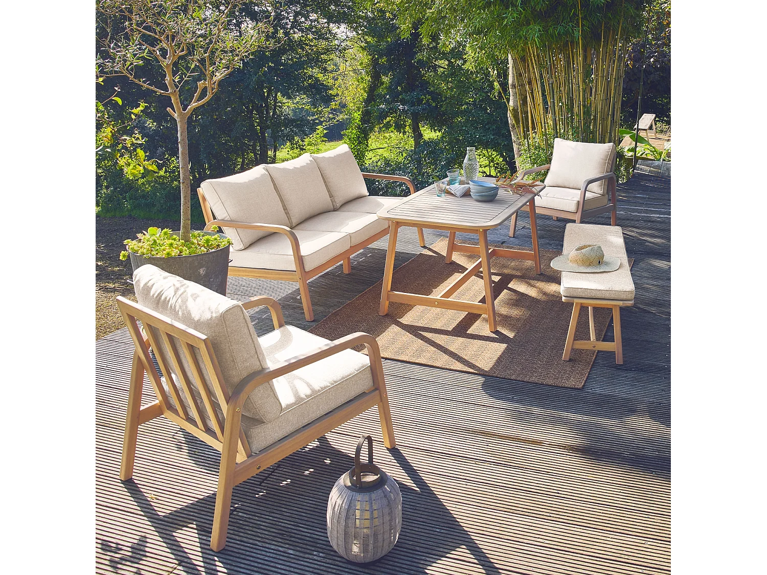 Set di mobili da giardino a 7 posti in legno di acacia, beige