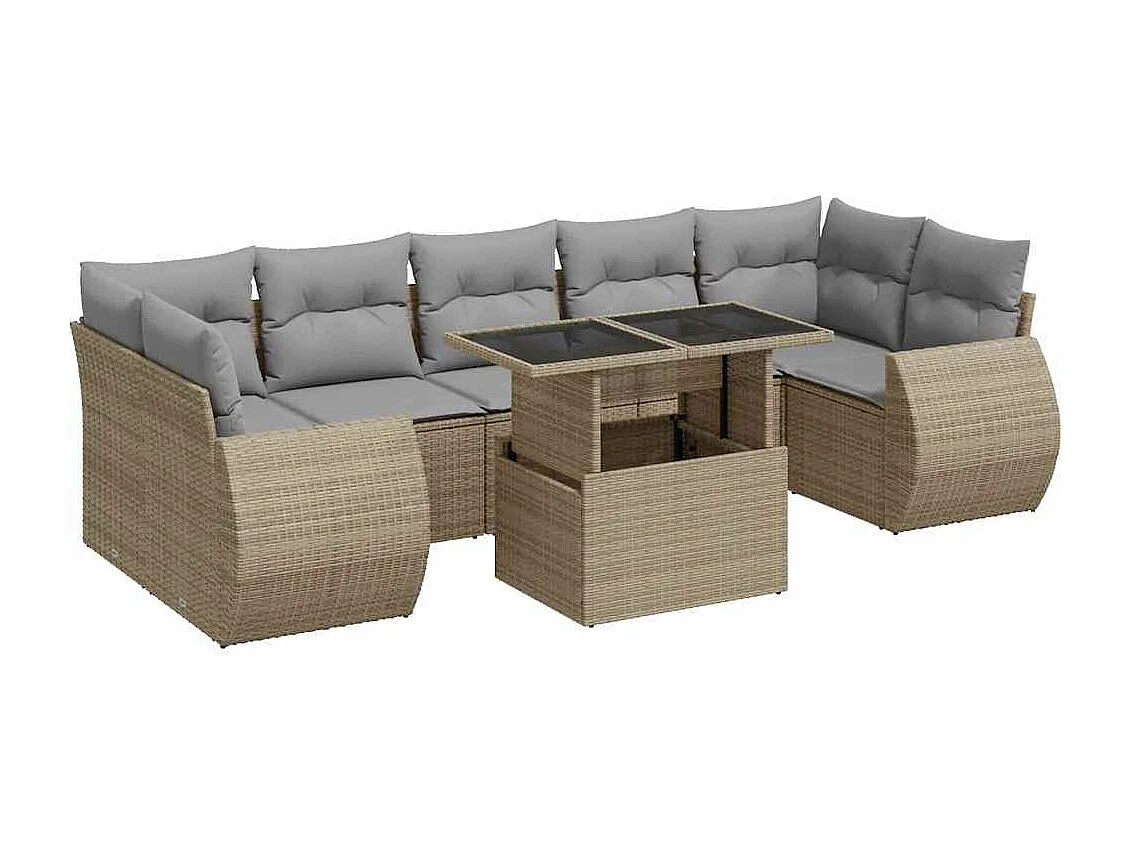 Salon de jardin avec coussins 8 pcs beige résine tressée