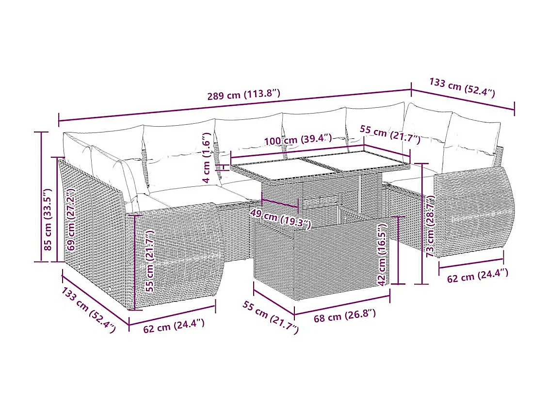 Salon de jardin avec coussins 8 pcs beige résine tressée