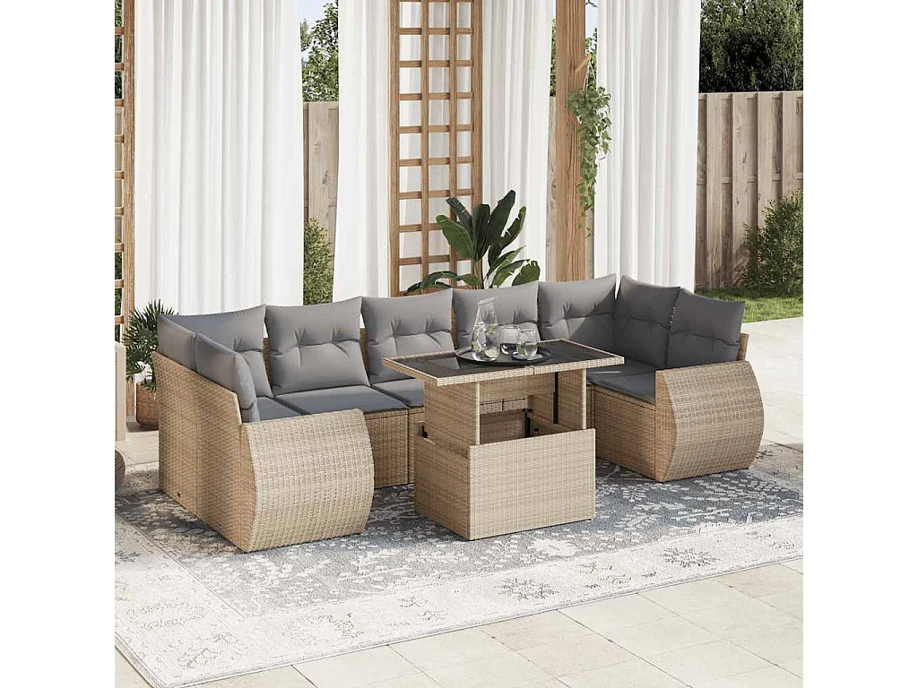 8-tlg. Garten-Sofagarnitur mit Kissen Beige Poly Rattan