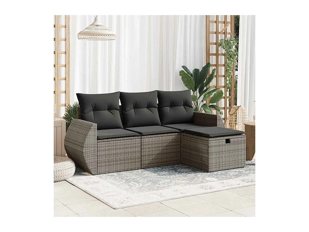 4-tlg. Garten-Sofagarnitur mit Kissen Grau Poly Rattan