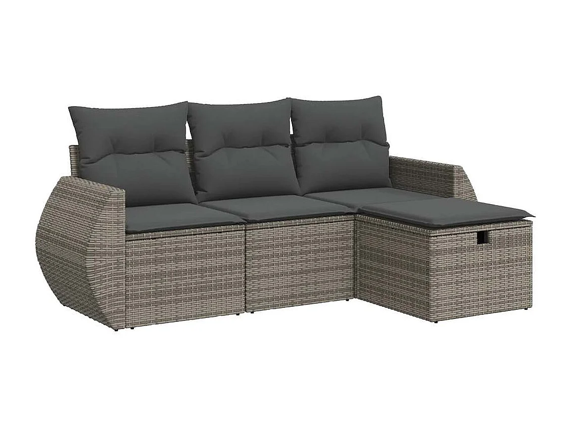 4 pcs conjunto sofás de jardim c/ almofadões vime PE cinzento