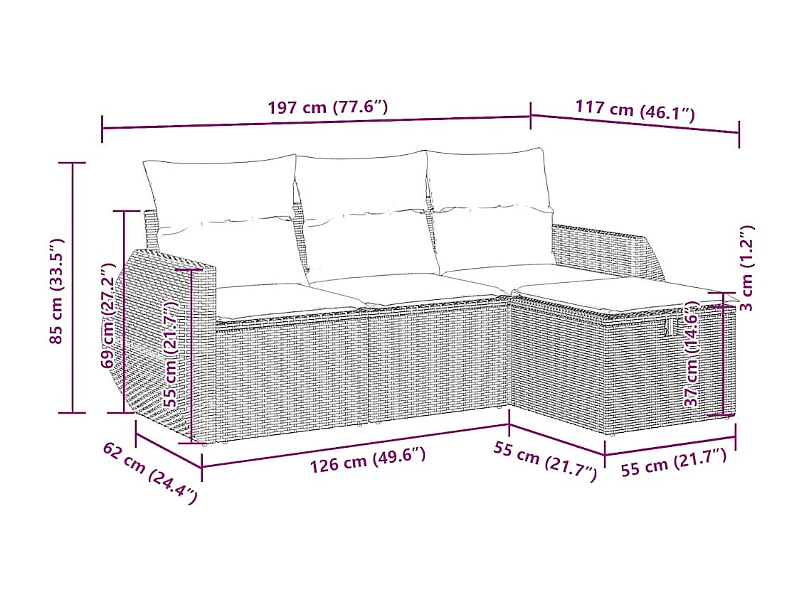 4 pcs conjunto sofás de jardim c/ almofadões vime PE cinzento