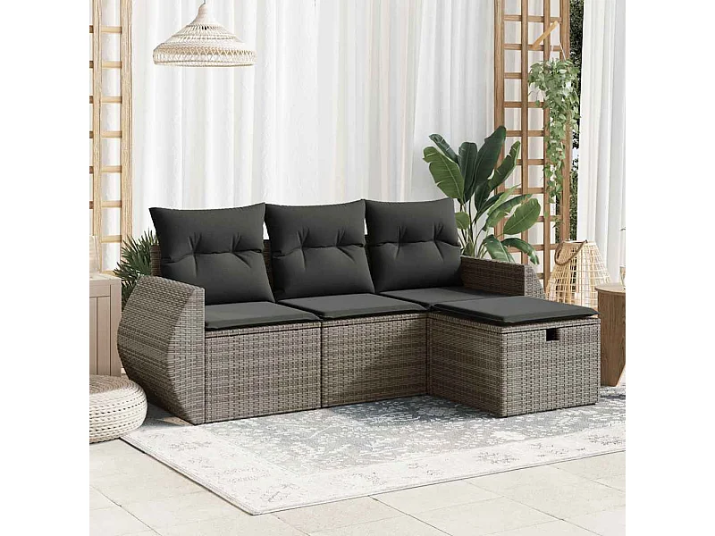 4 pcs conjunto sofás de jardim c/ almofadões vime PE cinzento