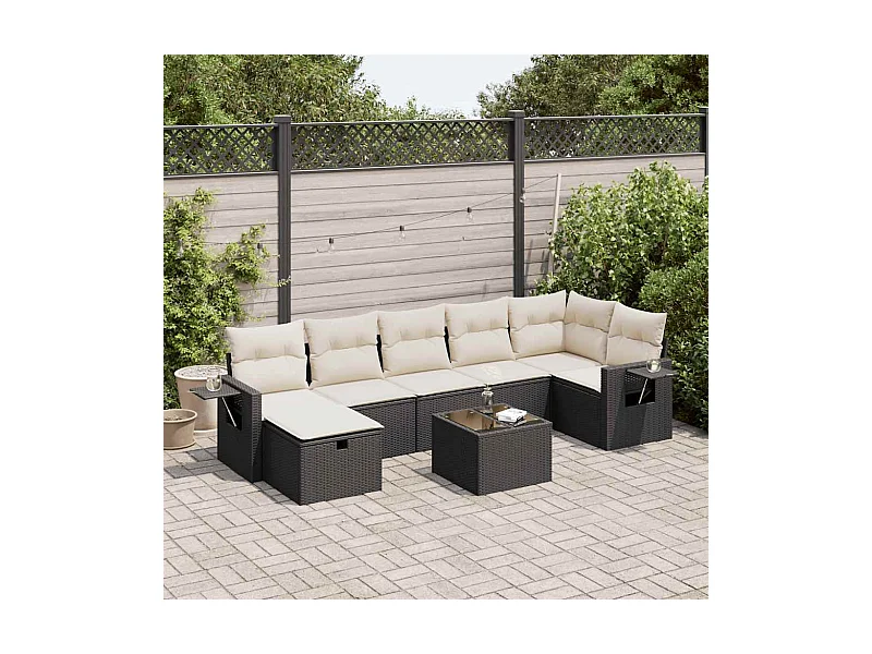 Salon de jardin 8 pcs avec coussins noir résine tressée