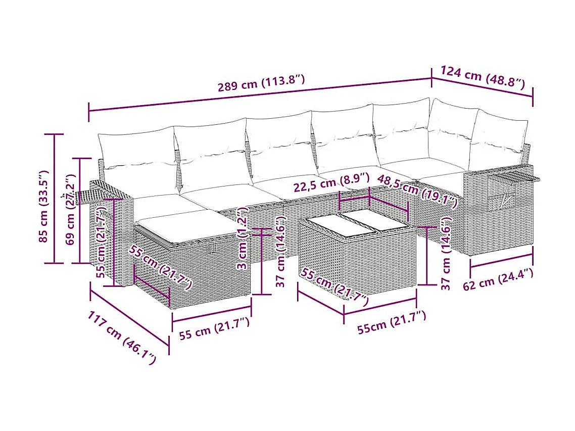 Salon de jardin 8 pcs avec coussins noir résine tressée