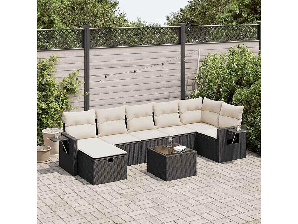 Salon de jardin 8 pcs avec coussins noir résine tressée