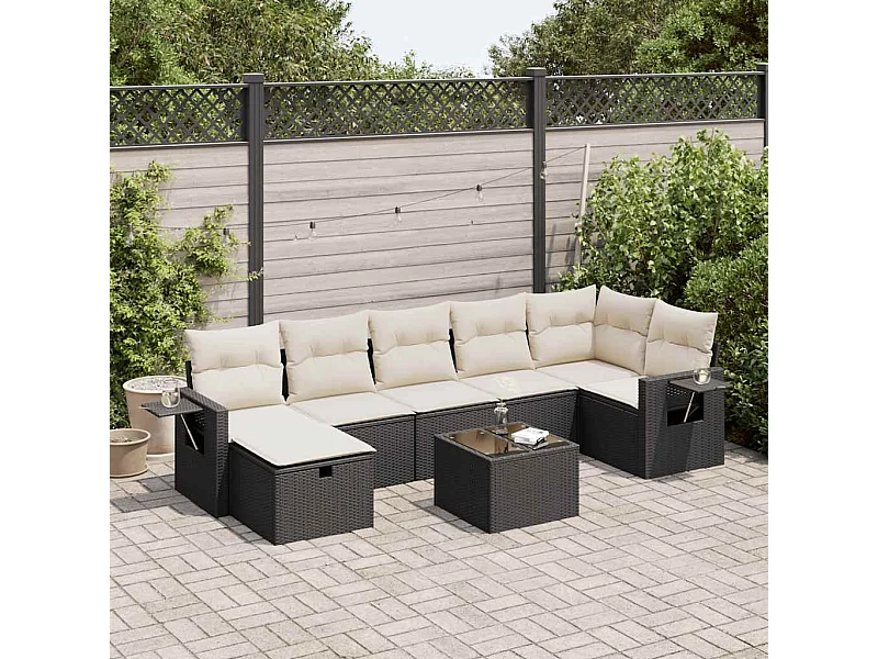Salon de jardin 8 pcs avec coussins noir résine tressée