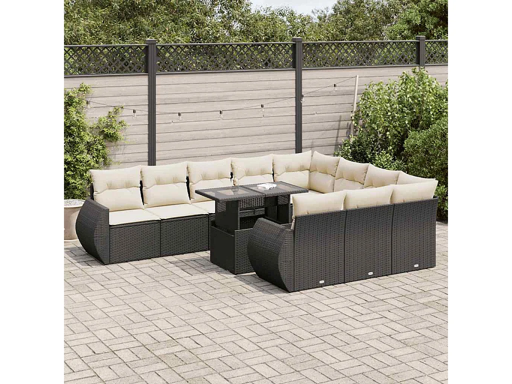 Salon de jardin 11 pcs avec coussins noir résine tressée