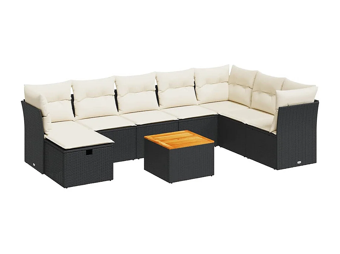 9 pcs conjunto de sofás p/ jardim c/ almofadões vime PE preto