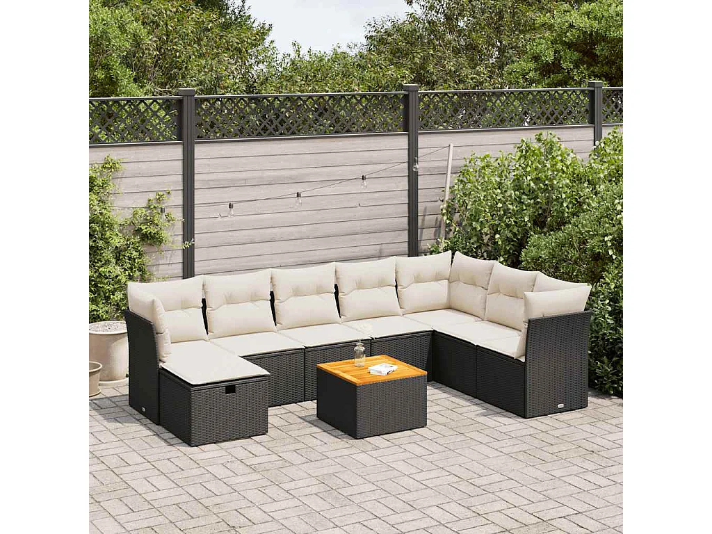 9 pcs conjunto de sofás p/ jardim c/ almofadões vime PE preto