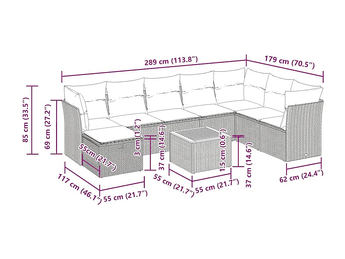 9 pcs conjunto de sofás p/ jardim c/ almofadões vime PE preto