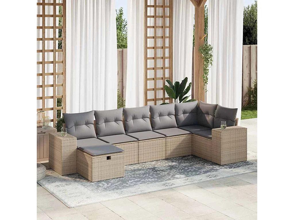 Set sofás de jardín 7 piezas y cojines ratán sintético beige