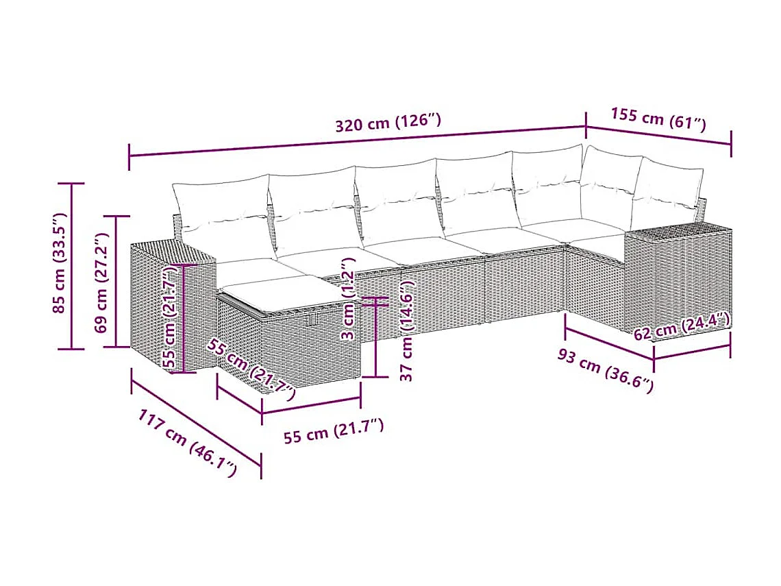 Set sofás de jardín 7 piezas y cojines ratán sintético beige