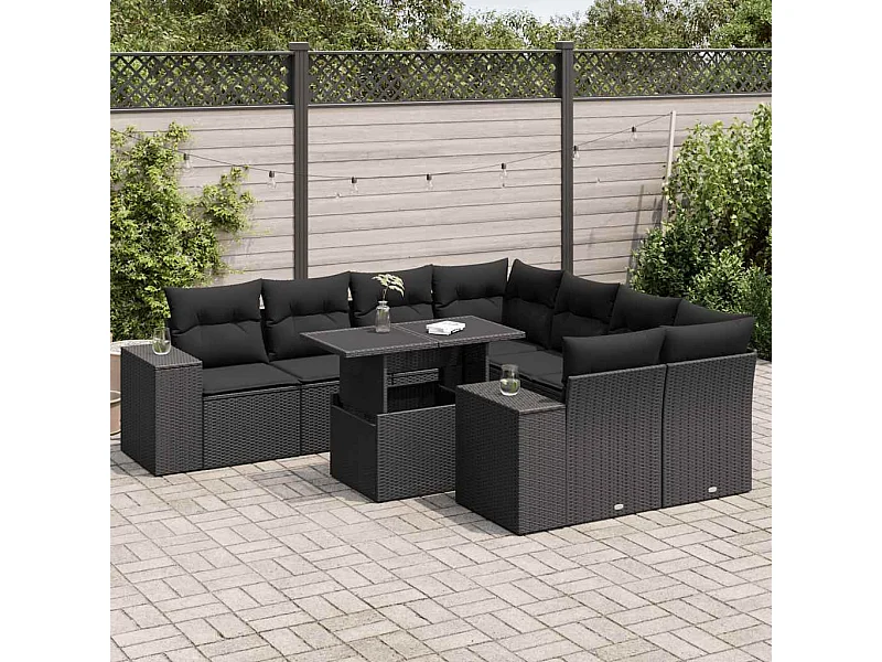 Set Divani da Giardino 9 pz con Cuscini Nero in Polyrattan