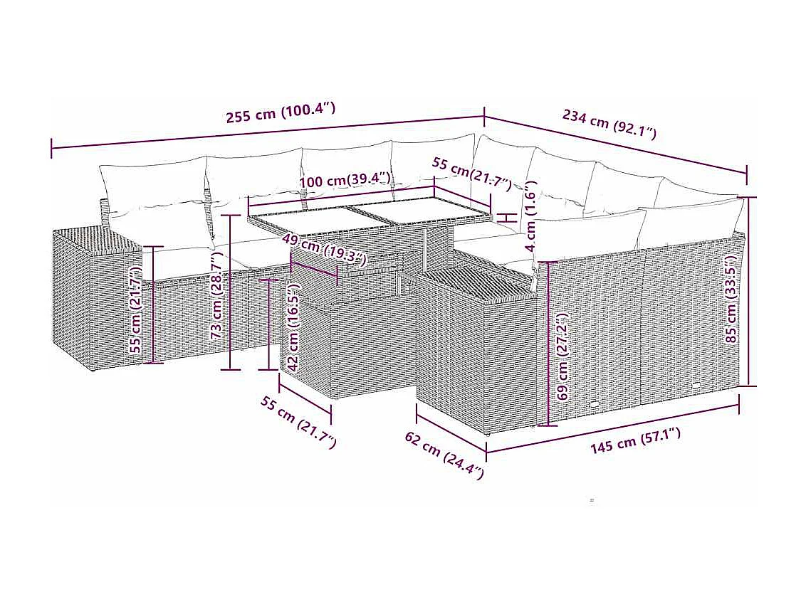 Set de sofás de jardín con cojines 9 pzas ratán sintético negro