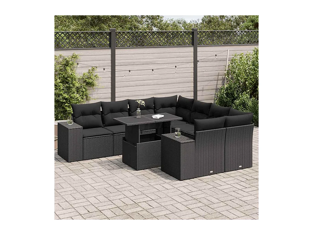 Salon de jardin 9 pcs avec coussins noir résine tressée