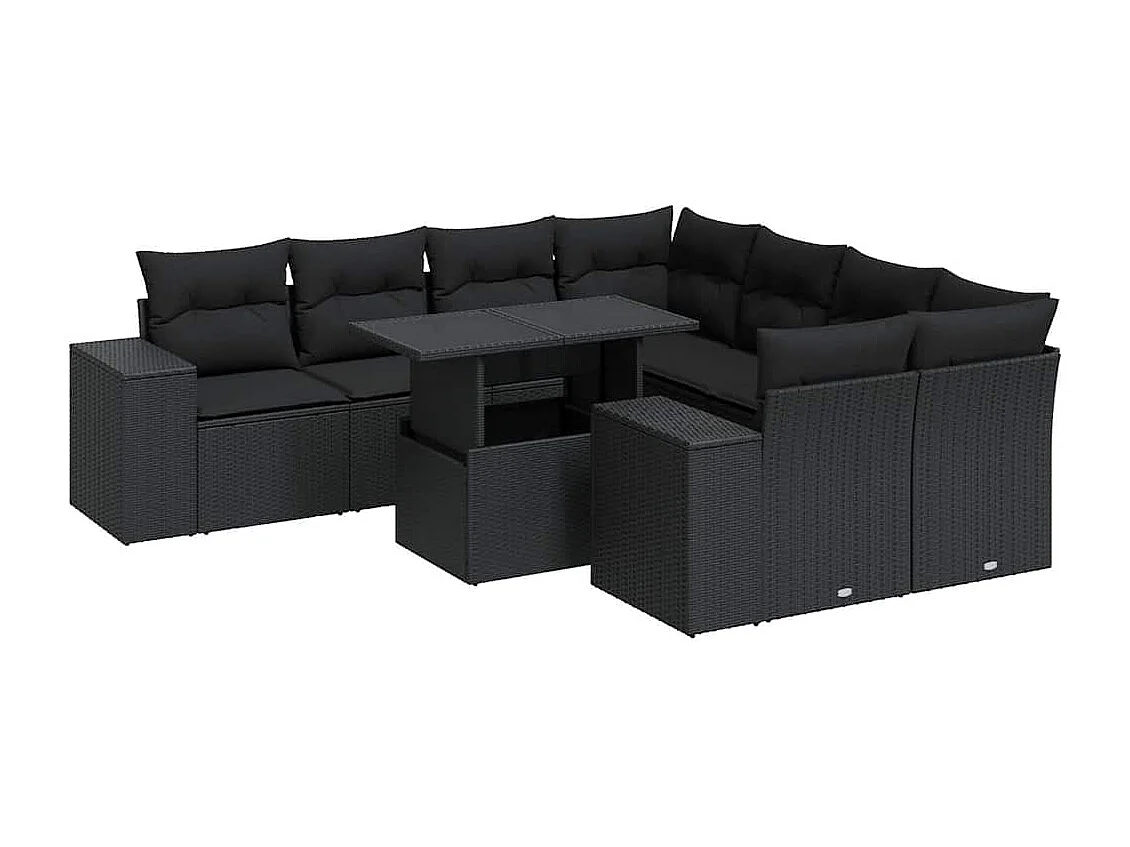9 pcs conjunto de sofás p/ jardim c/ almofadões vime PE preto