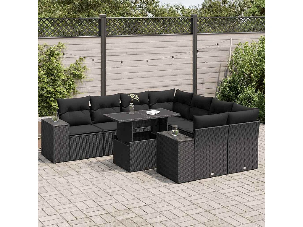 9 pcs conjunto de sofás p/ jardim c/ almofadões vime PE preto
