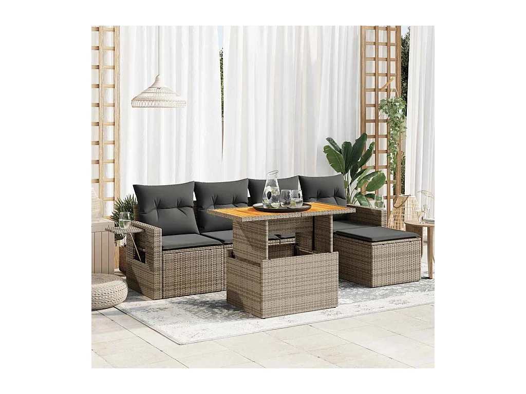 Salon de jardin 6 pcs avec coussins gris résine tressée