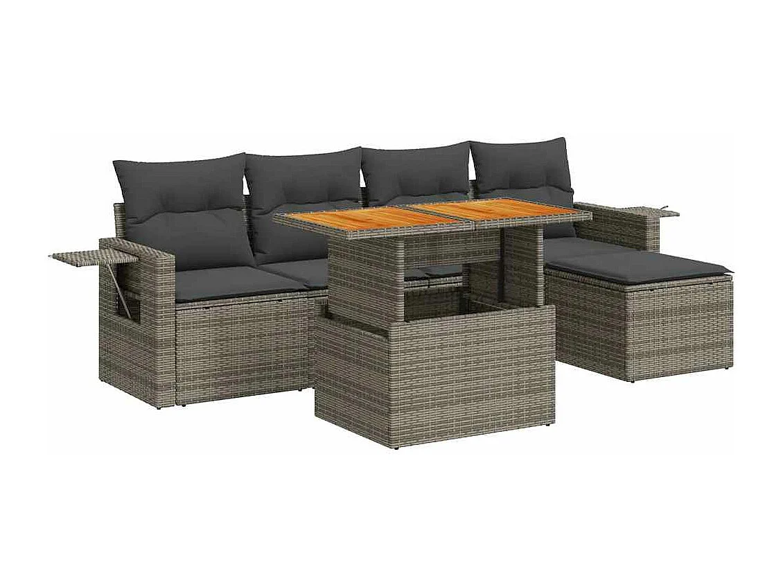 Salon de jardin 6 pcs avec coussins gris résine tressée
