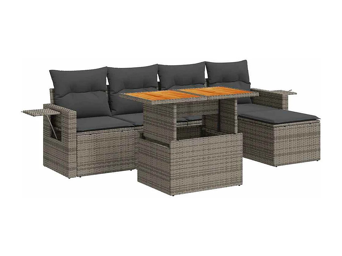 6-tlg. Garten-Sofagarnitur mit Kissen Grau Poly Rattan