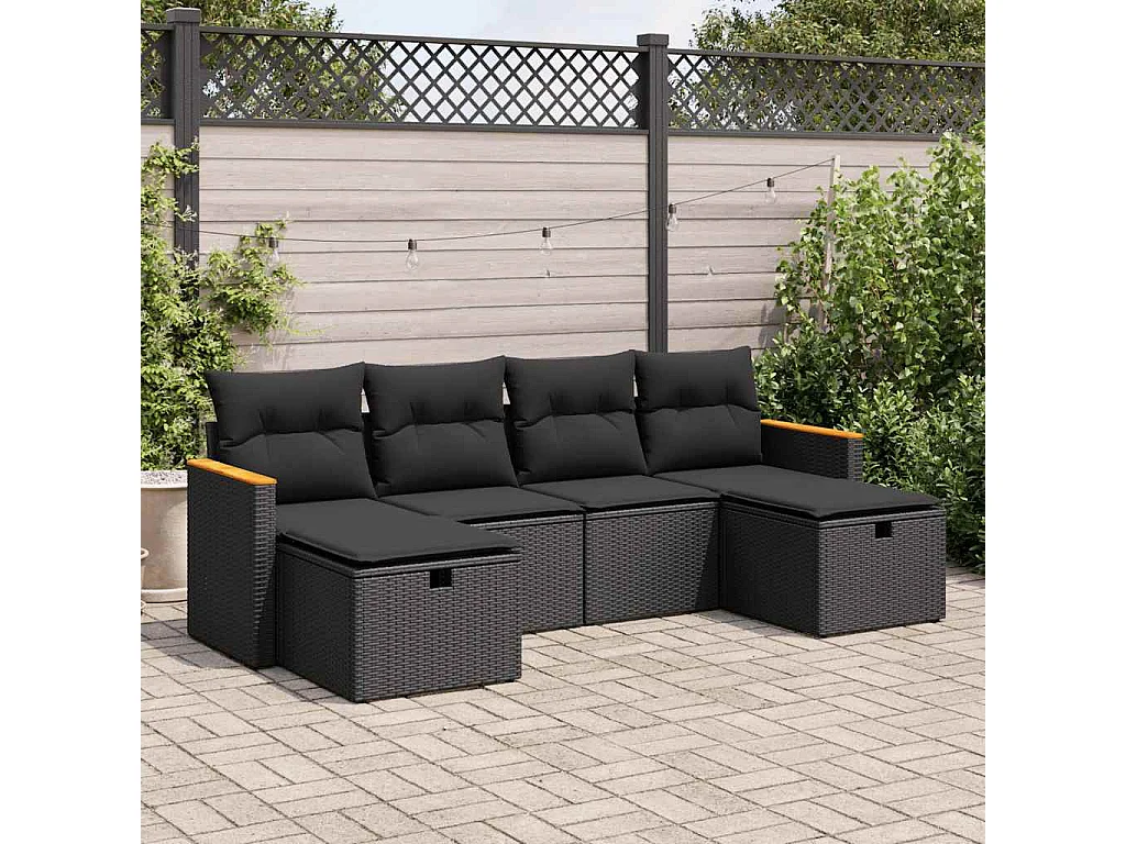 Salon de jardin 6 pcs avec coussins noir résine tressée