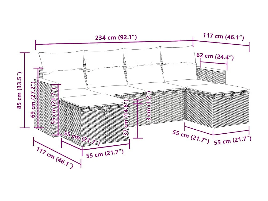 Salon de jardin 6 pcs avec coussins noir résine tressée