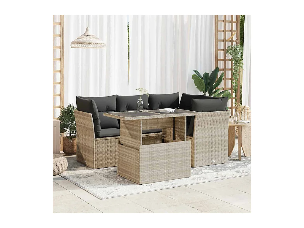 Salon de jardin 5 pcs avec coussins gris clair résine tressée